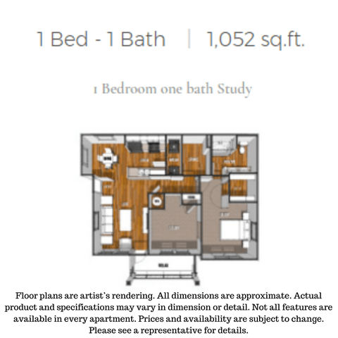 Floor plan for 1 bed, 1 bath, 1052 sqft
